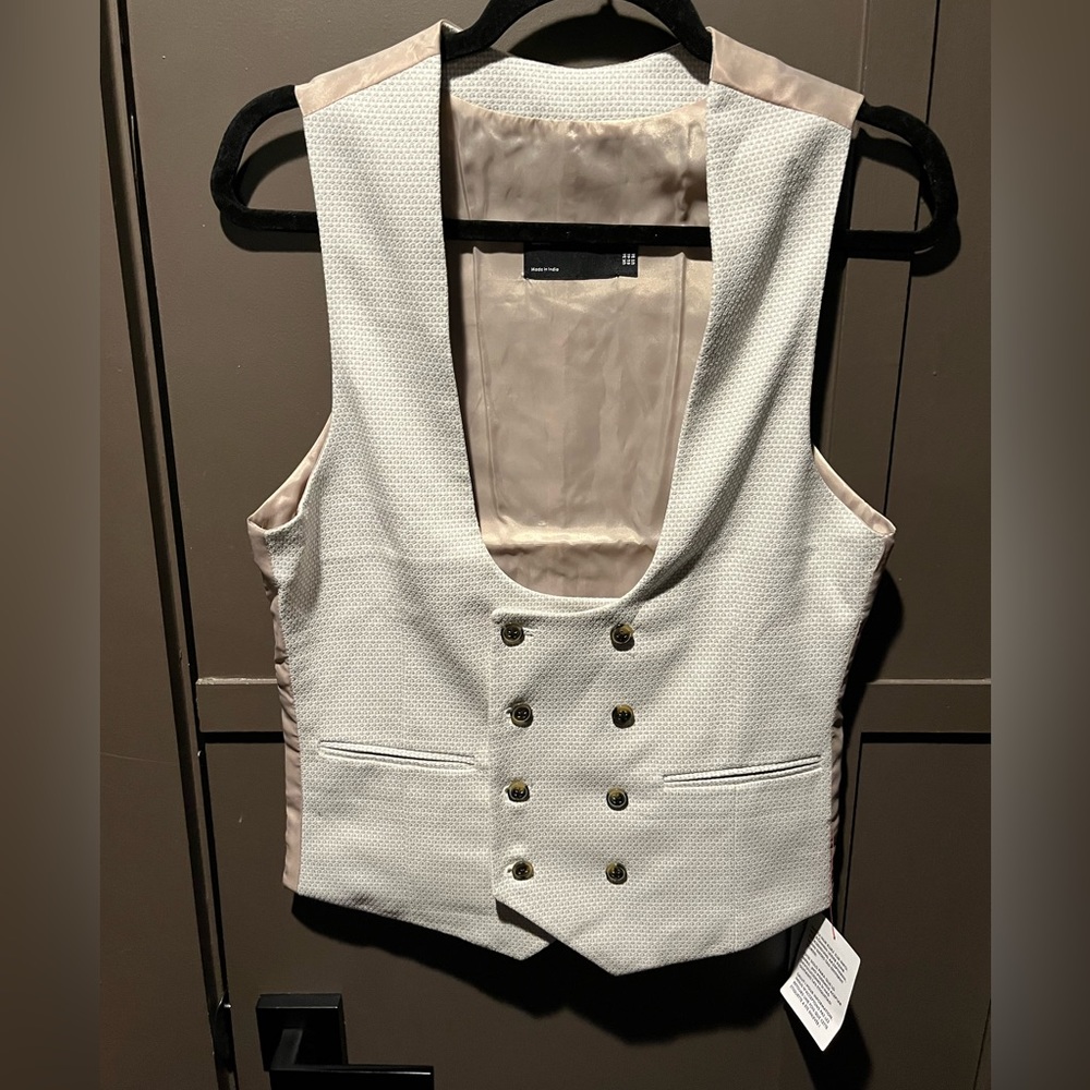 Asos Design Cream and Tan Double Breasted Window Pane Vest New $25